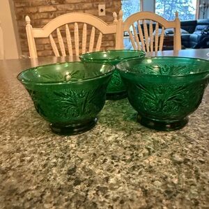 Set of 3 Embossed Emerald Green Glass Bowls.  Vintage.